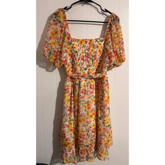 NWT Lily Rose Floral Square Neck Puff Sleeve‎ Smocked Waist Midi Dress 1X - Picture 4 of 8